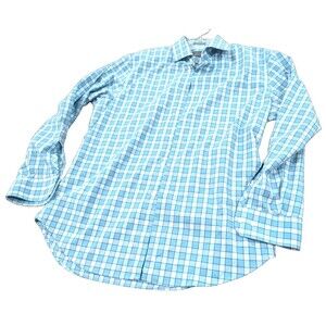 Calibrate Non-Iron Slim Fit Check Button Up Dress Shirt Mens 16 32/33 Blue White